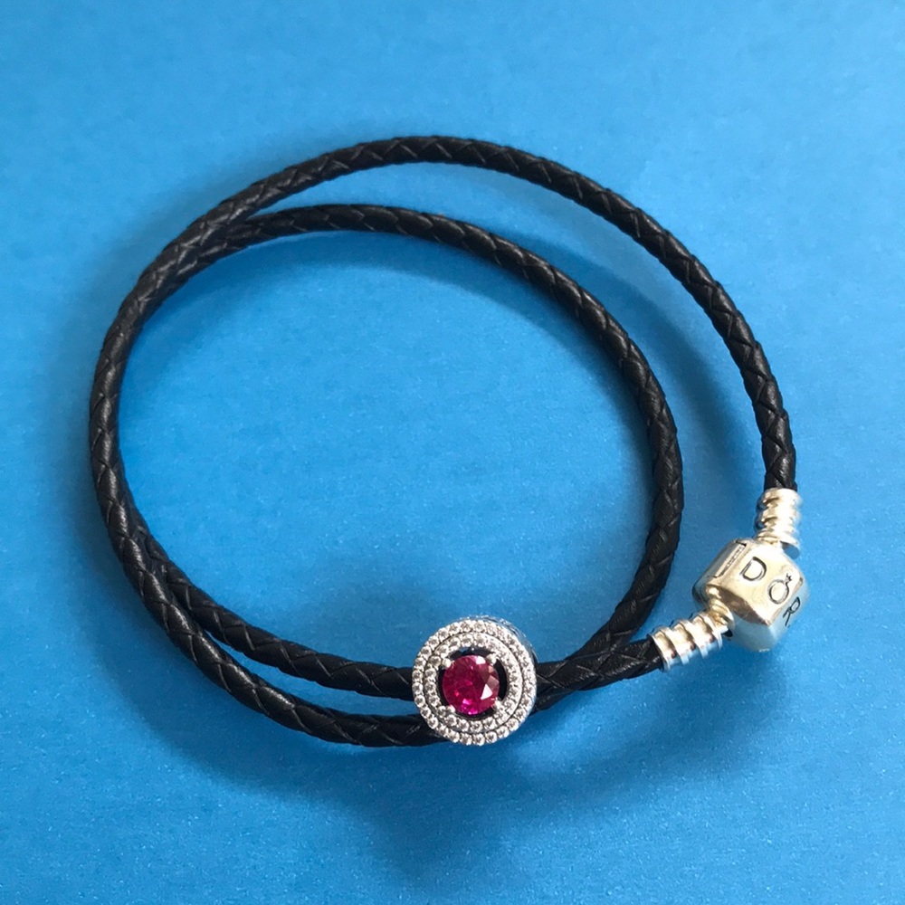 Pandora double black leather bracelet w/red charm